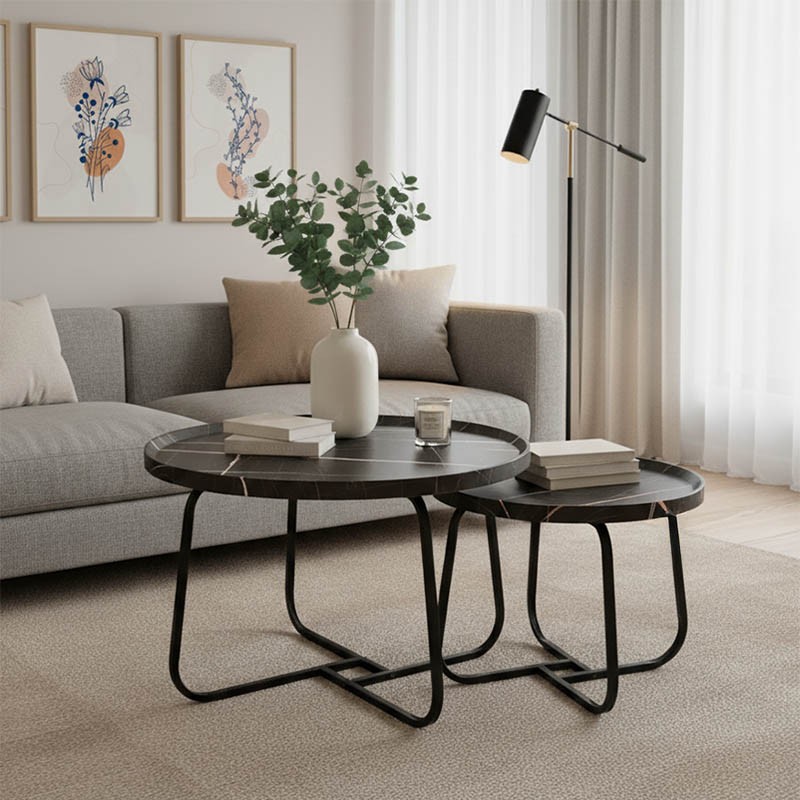 Crismory pakoworld coffee table set of 2 MDF in black marble shade and black metal legs