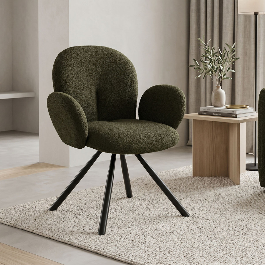 Armchair Garzele Inart green teddy fabric-leg black metal 68x66x82.5cm