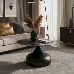 Τραπέζι σαλονιού Kirkene Inart sintered stone σε απόχρωση μαύρο μαρμάρου με μαύρο μέταλλο Φ70x40εκ