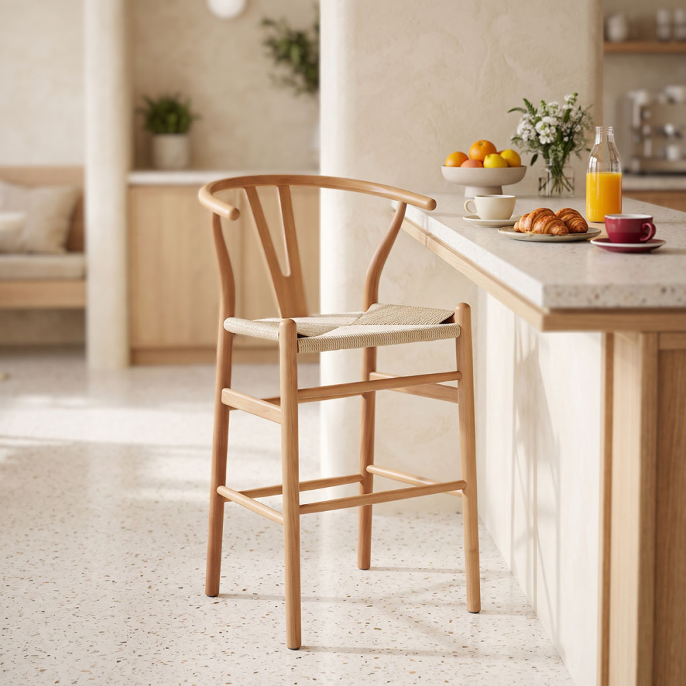 Σκαμπό μπαρ Wishbone pakoworld μεσαίου ύψους rubberwood-σχοινί σε φυσική απόχρωση 55x49x96εκ