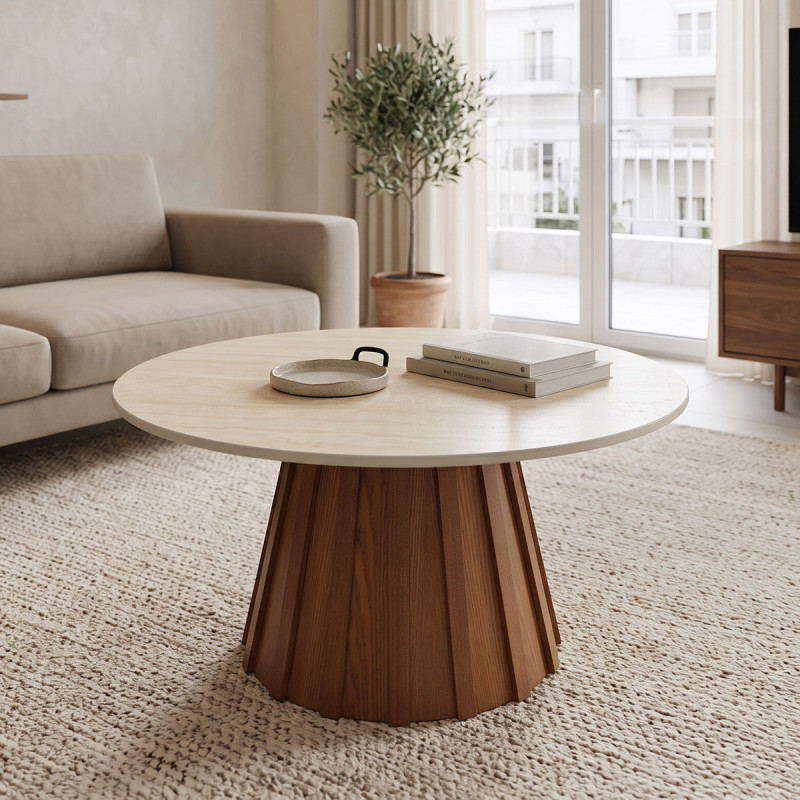 Τραπέζι σαλονιού Franzel pakoworld sintered stone σε όψη τραβερτίνας-mdf σε καρυδι Φ80x40εκ
