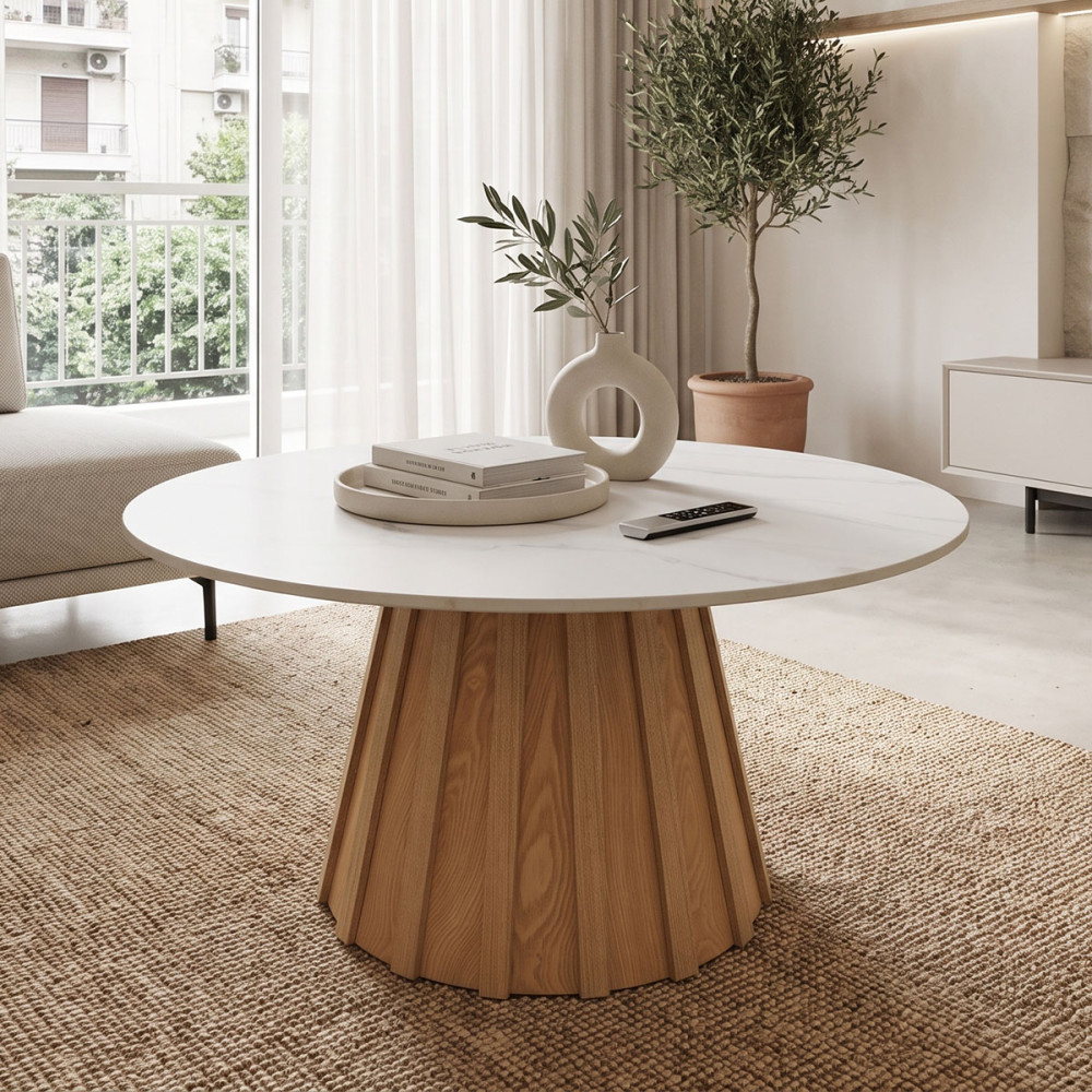 Τραπέζι σαλονιού Franzel pakoworld sintered stone σε όψη μαρμάρου-mdf σε φυσική απόχρωση Φ80x40εκ