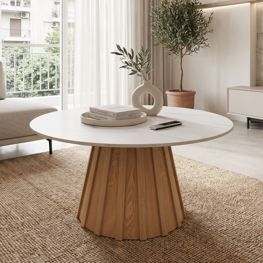 Coffee table Franzel pakoworld sintered stone in marble look-mdf in natural shade D80x40cm