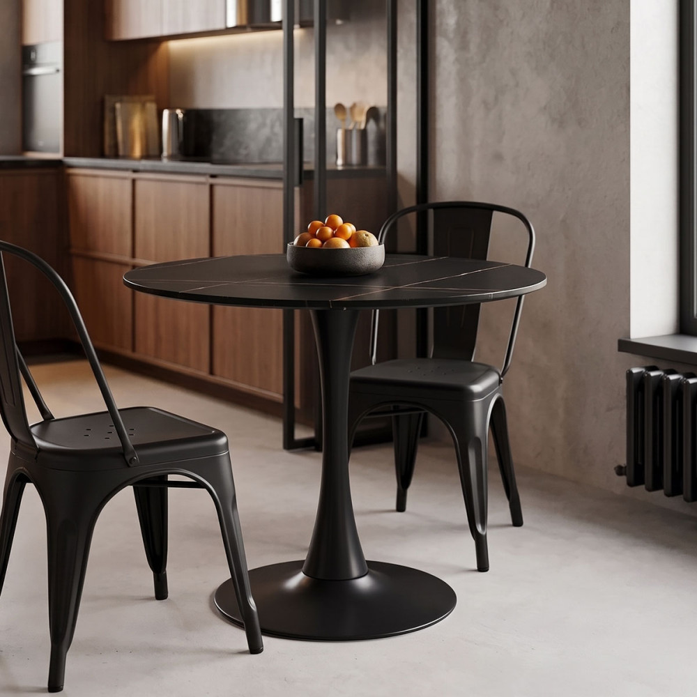Balou pakoworld table sintered stone in black marble look-black metal base D90x73cm