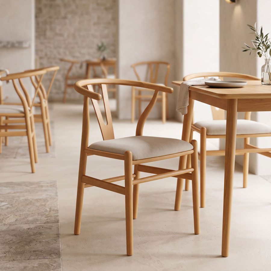 Καρέκλα Wishbone pakoworld rubberwood-ύφασμα σε φυσική-γκρι απόχρωση 51x58x73εκ