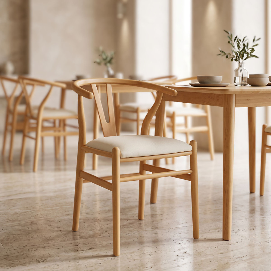 Καρέκλα Wishbone pakoworld rubberwood-ύφασμα σε φυσική-μπεζ απόχρωση 51x58x73εκ