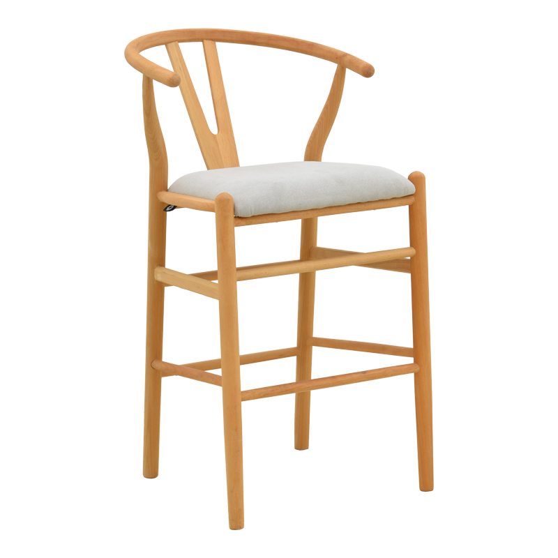 Middle-height bar stool Wishbone pakoworld rubberwood-fabric in natural-grey color 51x60x95cm
