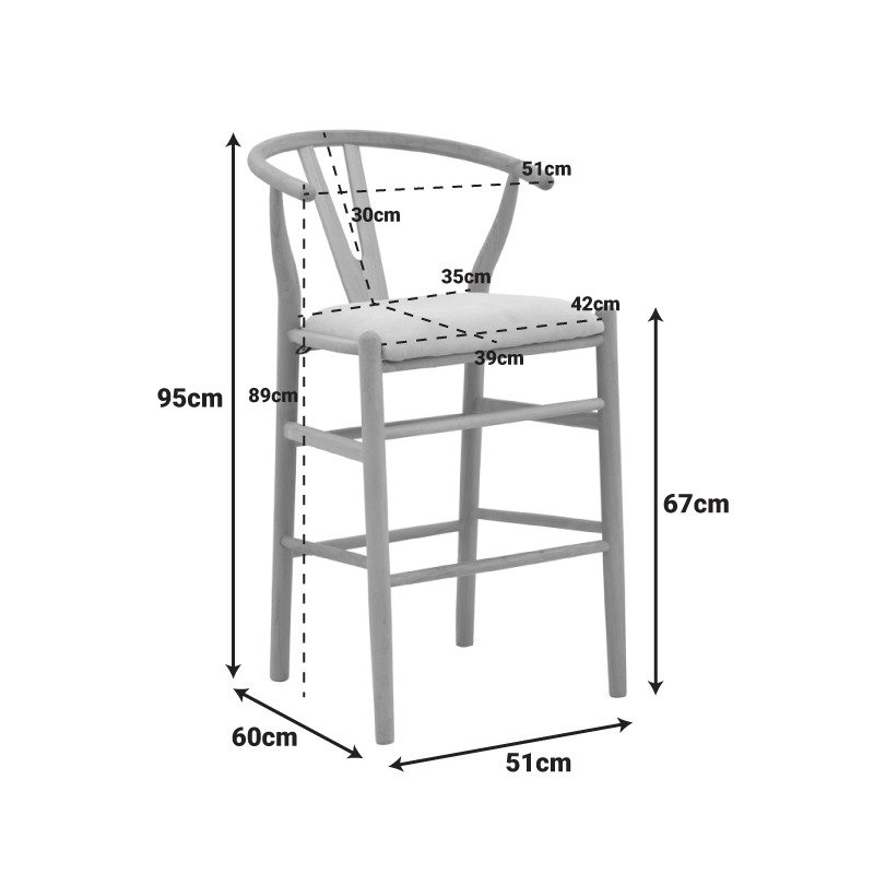 Middle-height bar stool Wishbone pakoworld rubberwood-fabric in natural-beige color 51x60x95cm