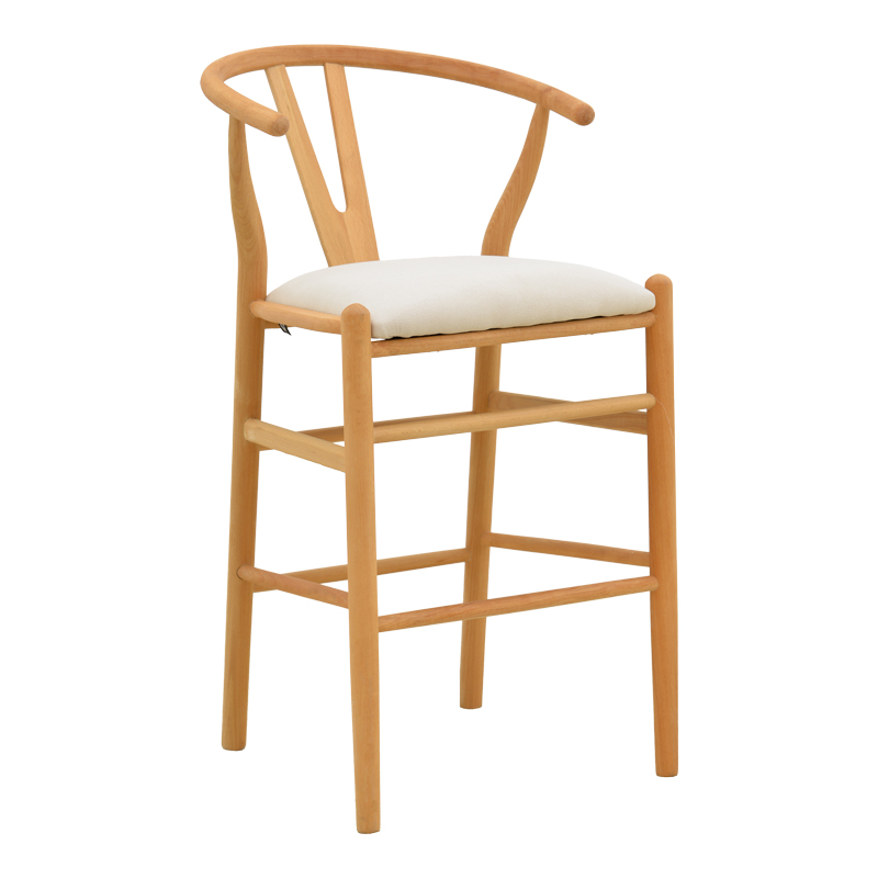 Middle-height bar stool Wishbone pakoworld rubberwood-fabric in natural-beige color 51x60x95cm