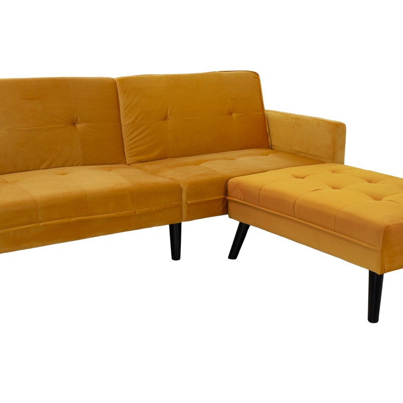 Καναπές γωνία-κρεβάτι με υποπόδιο Dream pakoworld κίτρινο βελούδο 209x157x80εκ