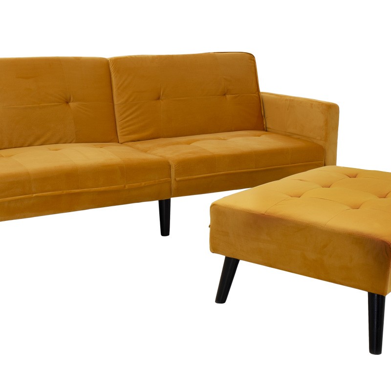 Καναπές γωνία-κρεβάτι με υποπόδιο Dream pakoworld κίτρινο βελούδο 209x157x80εκ