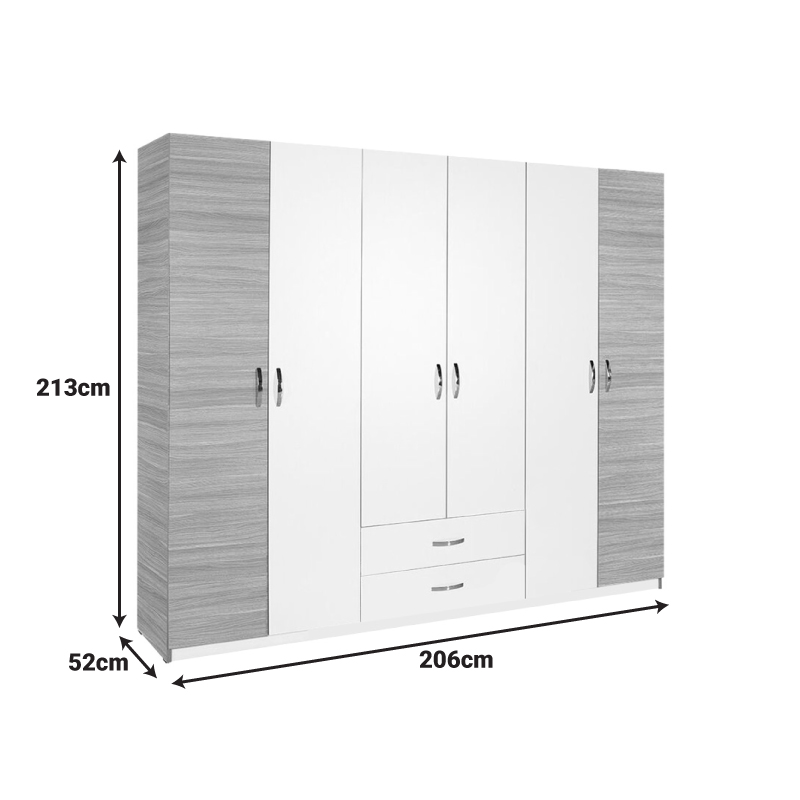 Dormie pakoworld six-door wardrobe with drawers in white 206x52x213cm