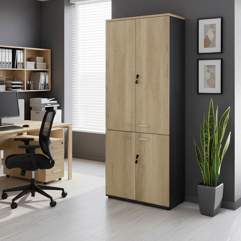 Bookcase with four wooden doors Lotus pakoworld in oak - dark grey color 80x40,5x200cm