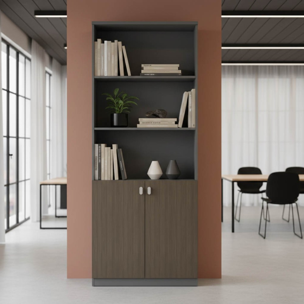 Βιβλιοθήκη γραφείου επαγγελματική Denith pakoworld ανθρακί-καρυδί 80x40x200εκ