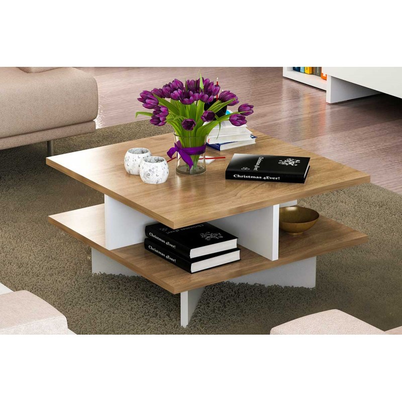 Τραπέζι σαλονιού Cross pakoworld χρώμα καρυδί - λευκό 60x60x31εκ