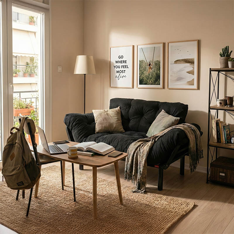 2 seater sofa bed PWF-0018 with fabric in black color 155x73x85cm