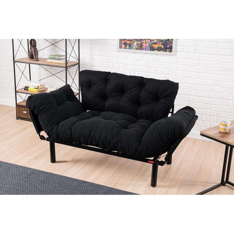 2 seater sofa bed PWF-0018 with fabric in black color 155x73x85cm