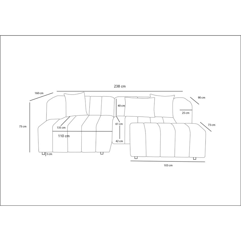 Γωνιακός καναπές Beyza Ι pakoworld με υποπόδιο δεξιά γωνία ανοιχτό γκρι ύφασμα 238x160x73εκ