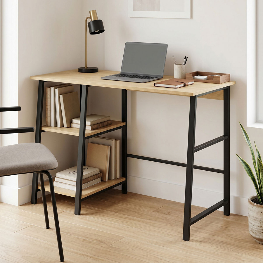 Study desk Ferje pakoworld with shelves mdf in natural-black color 100x48x75cm