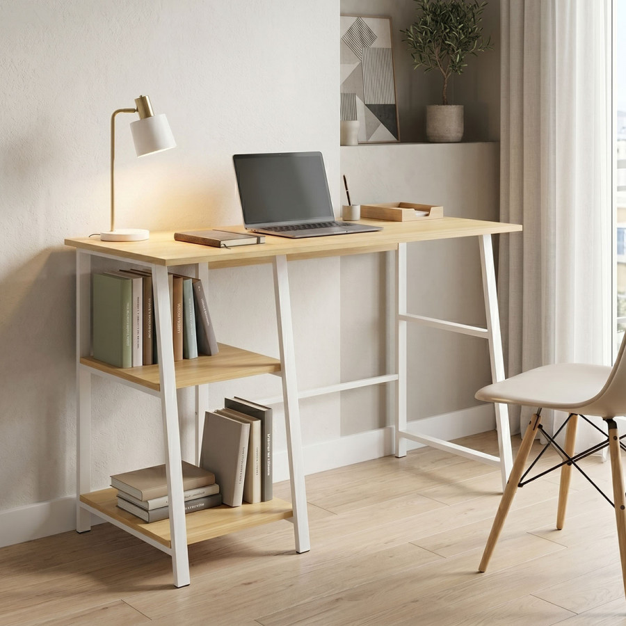 Study desk Ferje pakoworld with shelves mdf in natural-white color 100x48x75cm