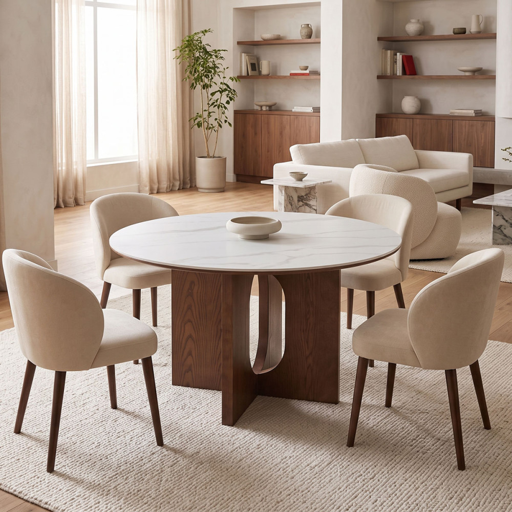 Τραπέζι Merge pakoworld sintered stone-mdf σε λευκό μαρμάρου με καρυδί βάση Φ130x75εκ