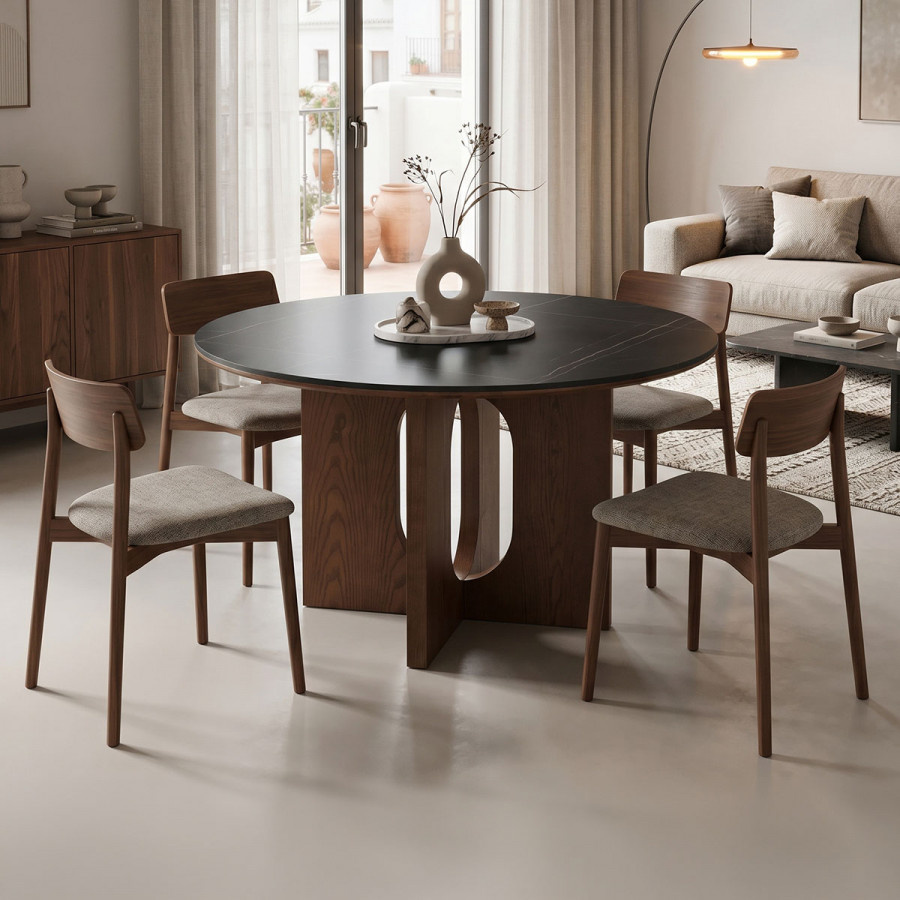 Dining table Merge pakoworld sintered stone-mdf in marble black color - walnut base D130x75cm