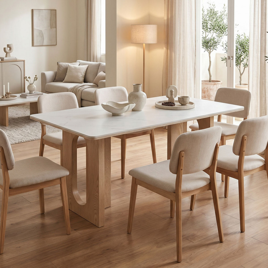 Dining table Benqui pakoworld sintered stone-mdf in marble white color - natural color base 160x90x75cm