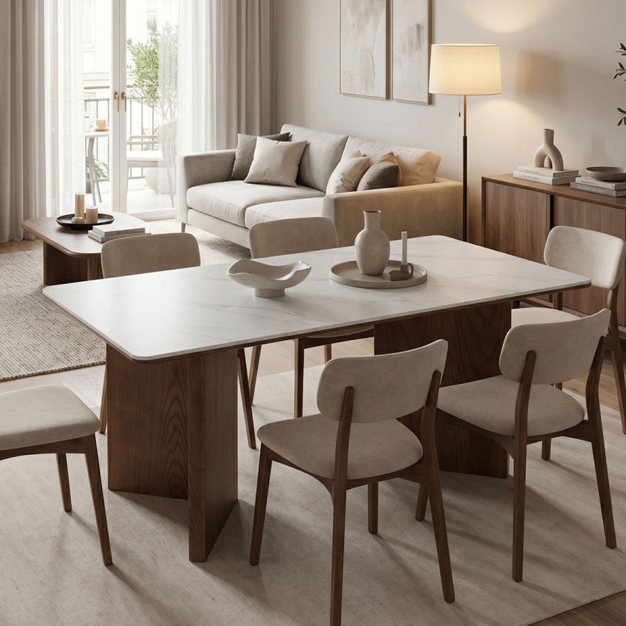 Dining table Versy pakoworld sintered stone-mdf in marble white color - walnut base 160x90x75cm