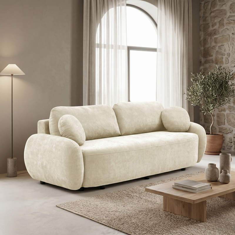 Three-seater sofabed with storage space Sereno pakoworld beige fabric 233x91x82cm