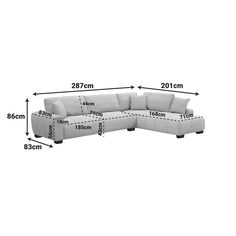 Corner sofa Vaneto pakoworld left corner grey fabric 287x208x85cm