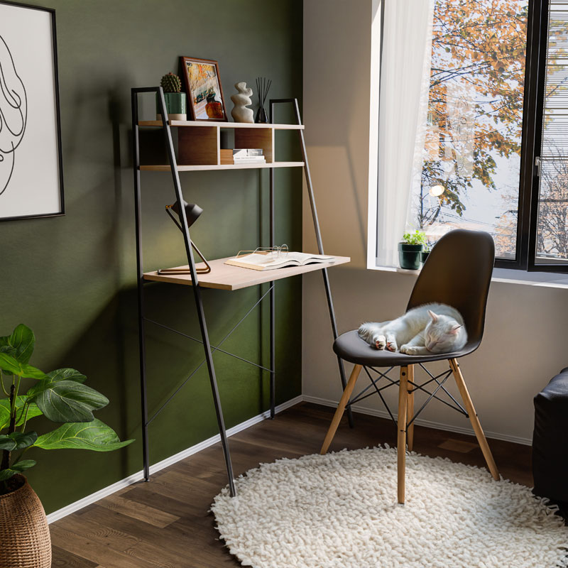 Office table with shelves Ramon pakoworld modern oak color with black metal frame 84x46x142cm