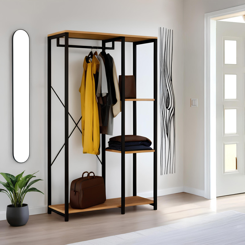 Entrance unit-Closet Ramon pakoworld modern oak color with black metal frame 90,5x41x167cm