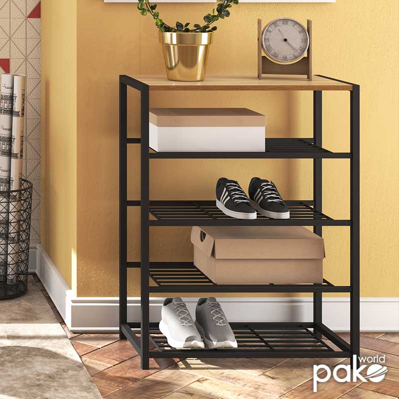 Shoe rack Ramon pakoworld 12 pairs modern oak color with black metal frame 83x30x43cm