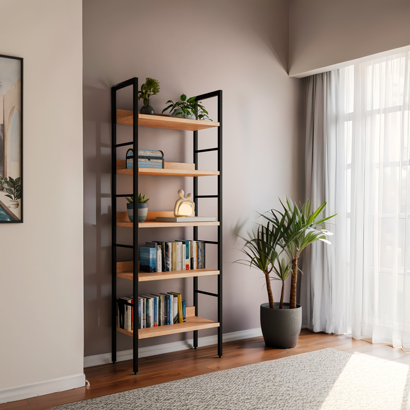 Bookcase Elbo pakoworld natural-black steel 60x28x160cm Bookcase Elbo pakoworld natural-black steel 60x28x160cm