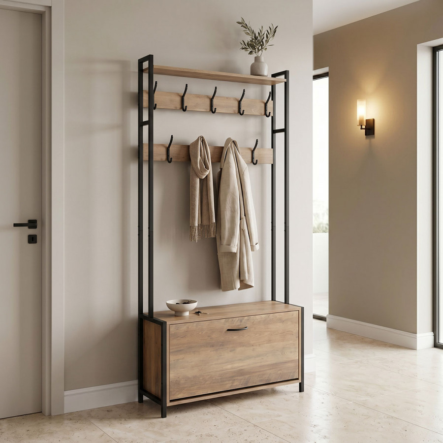 Entrance unit Ventoria pakoworld in oak color with black metal 84x30x182cm