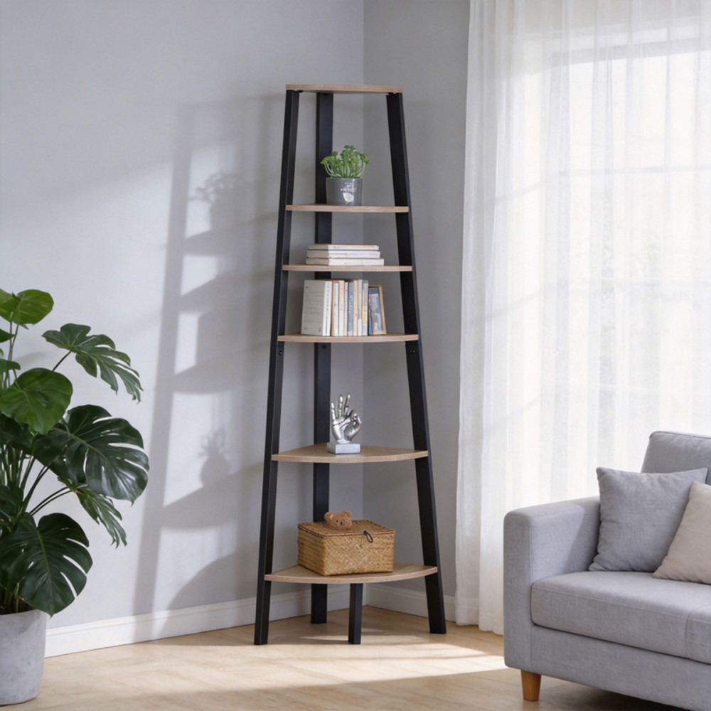 Corner bookcase Arvia pakoworld oak with black metal 53.4x37.8x160.3cm
