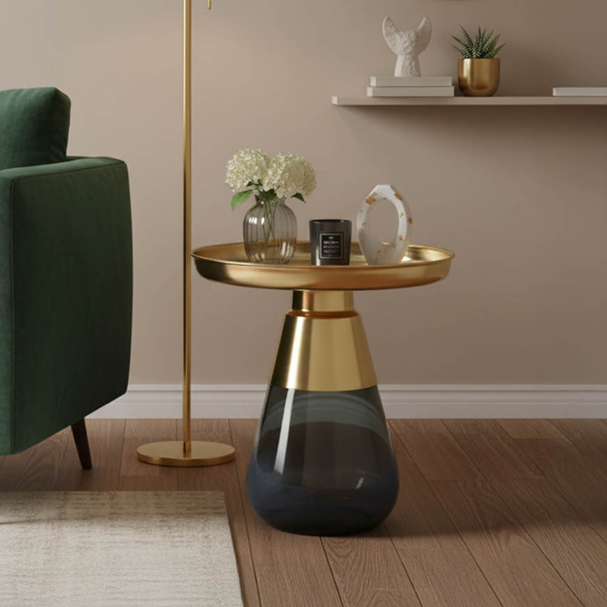 Βοηθητικό τραπέζι Kunlo Inart χρυσό χρώμιο-μαύρο γυαλί Φ50x53.5εκ