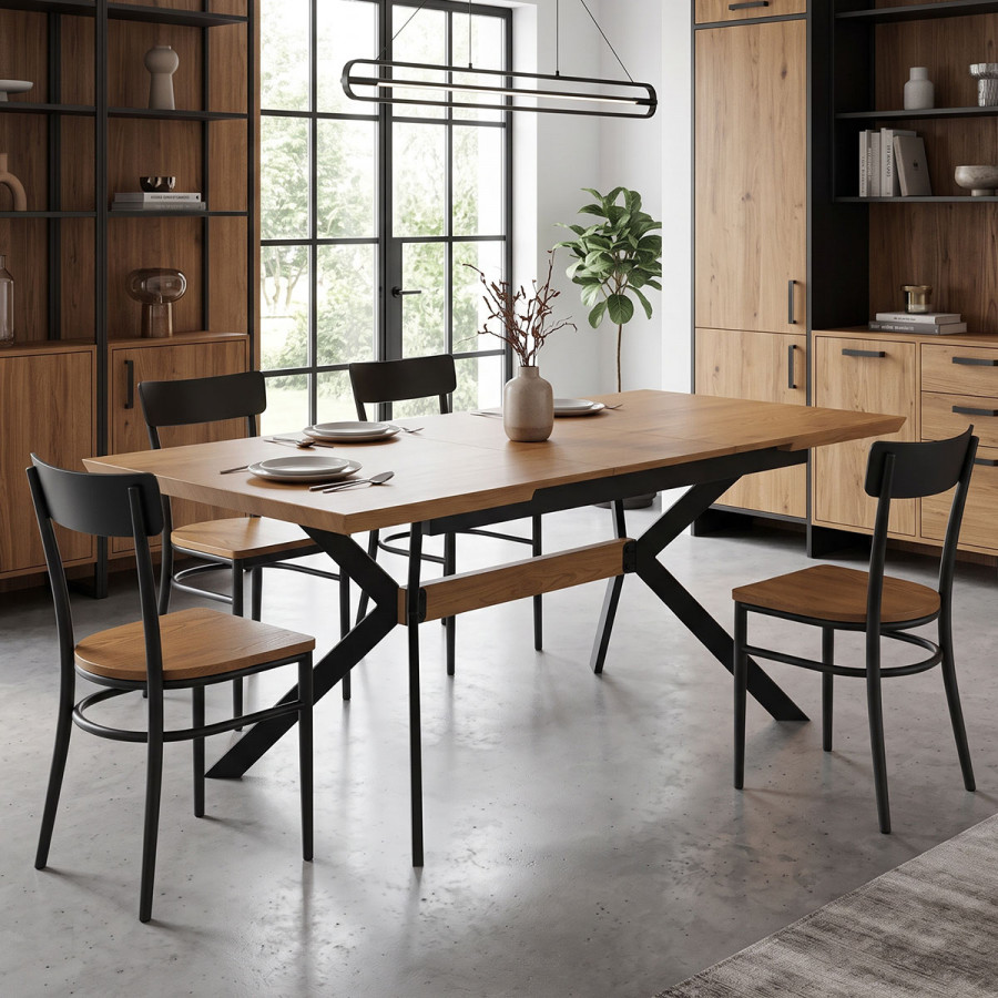 Jessamy pakoworld table expandable MDF 43mm in natural shade and metal leg black 160/200x90x76cm
