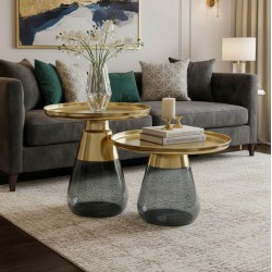 Τραπέζια σαλονιού Kunlo Inart σετ 2τεμ χρυσό χρώμιο-μαύρο γυαλί