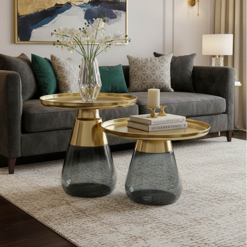 Τραπέζια σαλονιού Kunlo Inart σετ 2τεμ χρυσό χρώμιο-μαύρο γυαλί