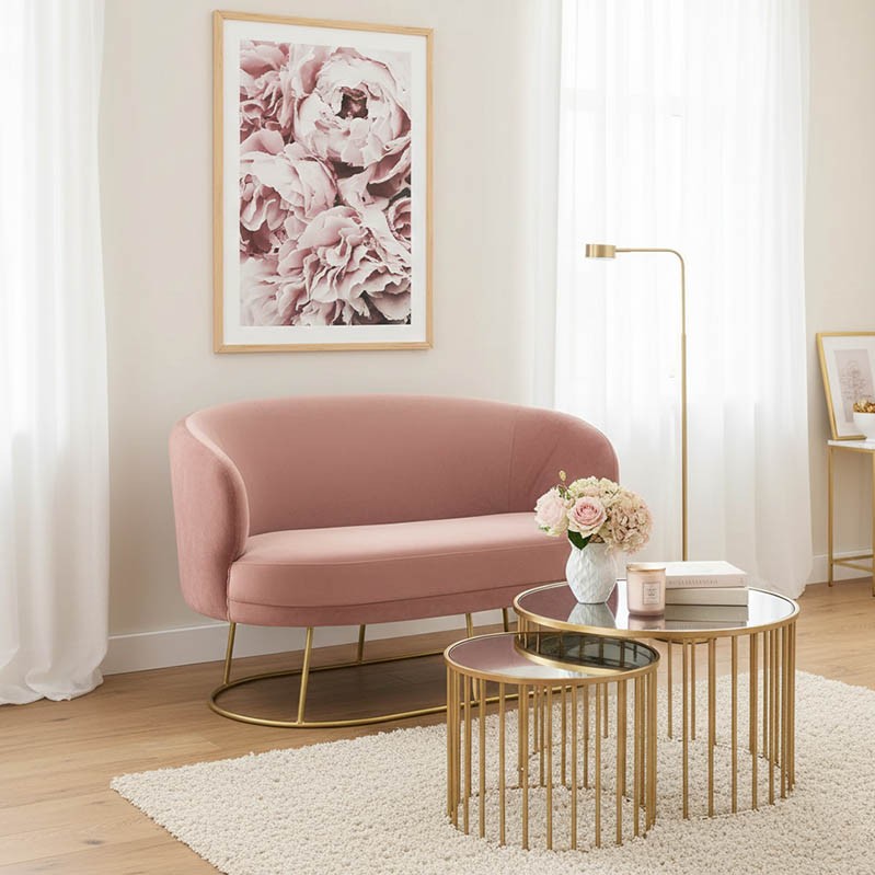 2 seater sofa Rony pakoworld in rotten apple velvet - golden metal 132x82x83cm