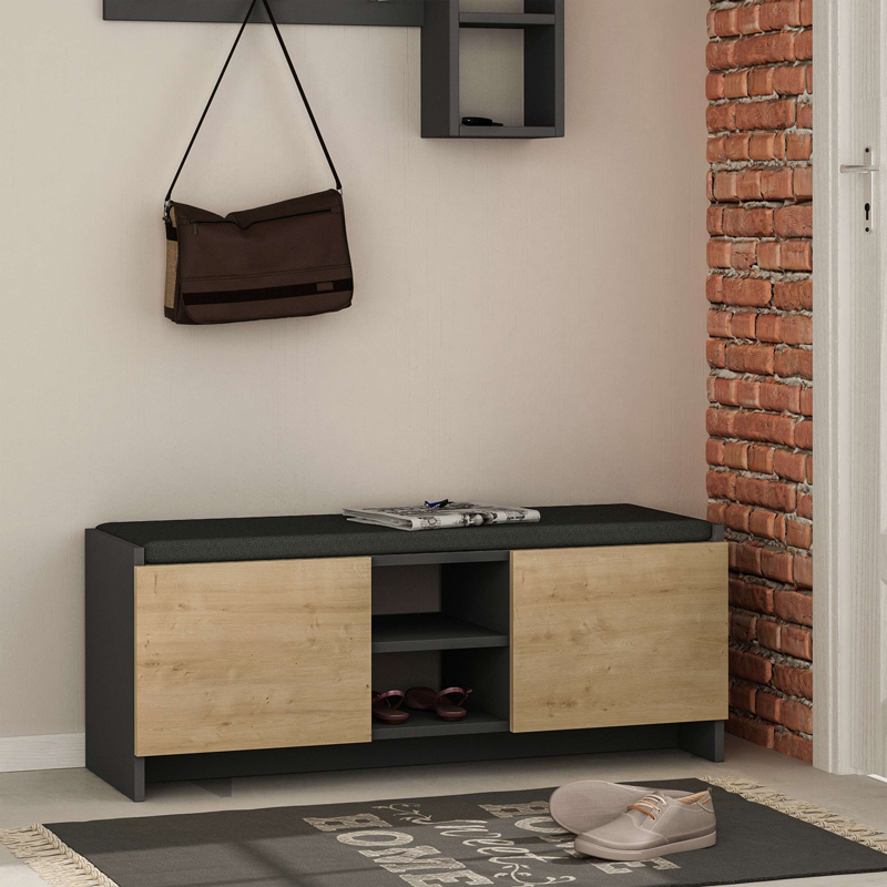 Entrance furniture stool-shoe cabinet Zulla pakoworld melamine in anthracite-oak color 110x37x43cm Entrance furniture stool-shoe cabinet Zulla pakoworld melamine in anthracite-oak color 110x37x43cm