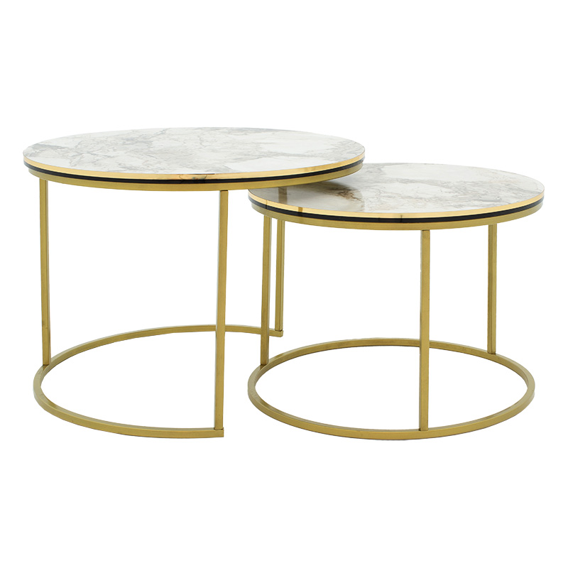 Coffee tables October pakoworld set 2pcs golden matte-black-white marble D70x50cm Coffee tables October pakoworld set 2pcs golden matte-black-white marble D70x50cm