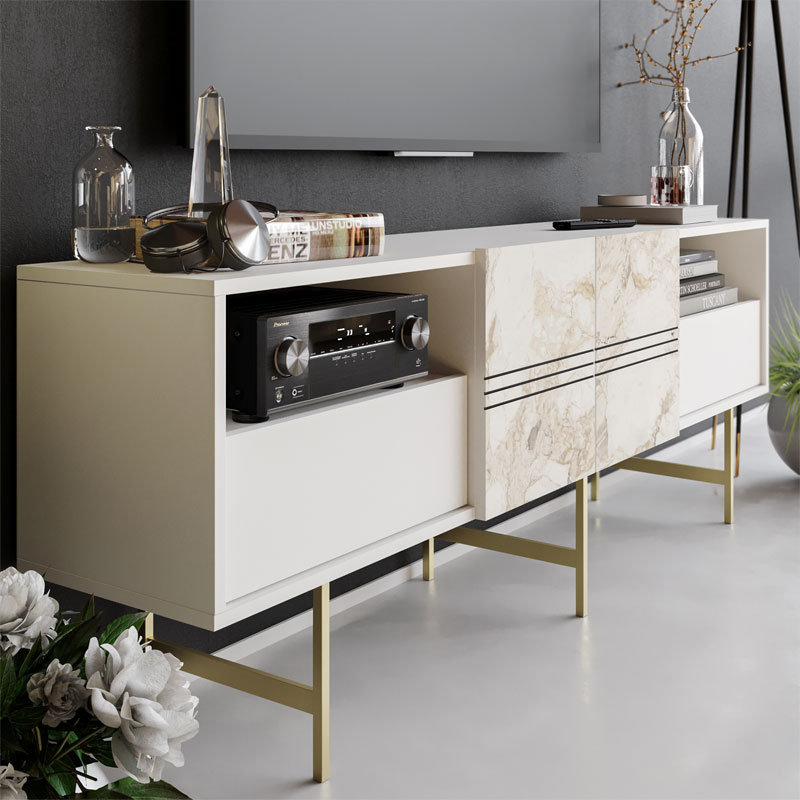 Tv stand Kevan pakoworld marble cream-gold leg 180x35x65cm Tv stand Kevan pakoworld marble cream-gold leg 180x35x65cm