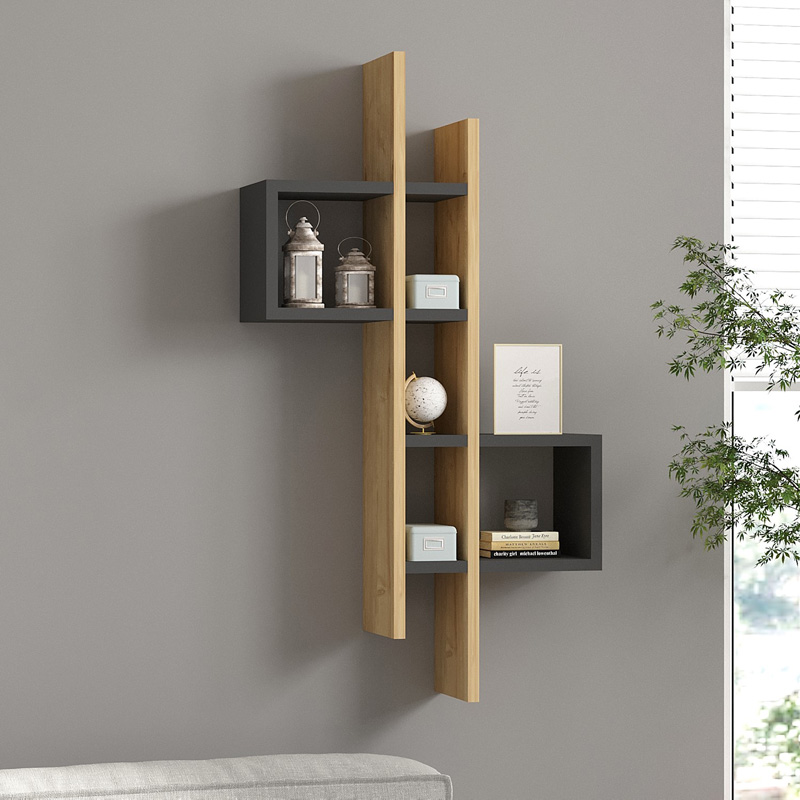 Garel pakoworld wall shelf in oak-anthracite shade 53.8x19.6x108cm Garel pakoworld wall shelf in oak-anthracite shade 53.8x19.6x108cm