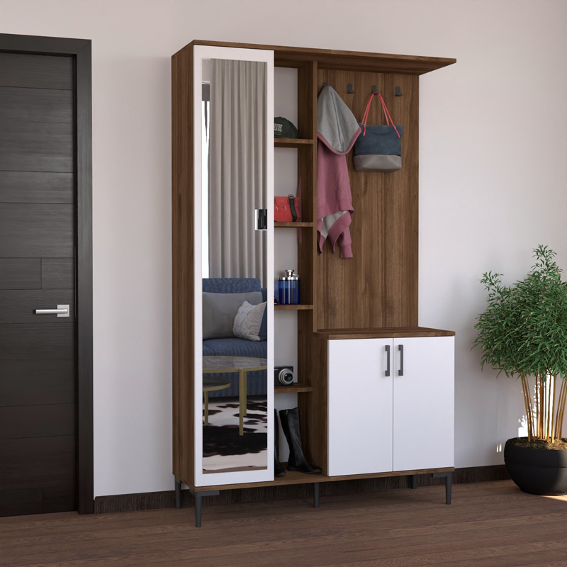 Έπιπλο εισόδου Melena pakoworld με καθρέπτη-κρεμάστρα λευκό-καρυδί 120x37.5x199εκ