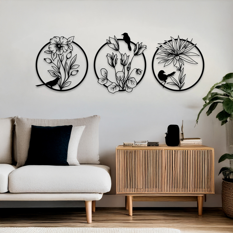 Wall deco Renka pakoworld set of 3 pieces black metal D30x1.5cm