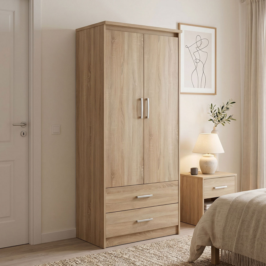 Wardrobe Olympus pakoworld with 2 doors and drawers in sonoma  colour 81x57x183