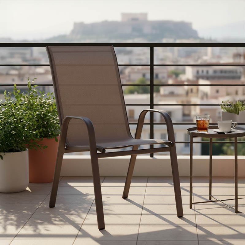 Πολυθρόνα Calan pakoworld μέταλλο σκούρo καφέ-textilene καφέ 54x74x91εκ