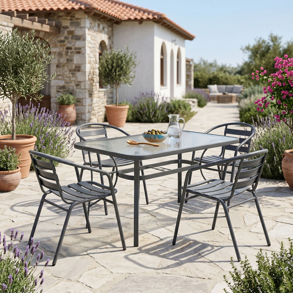 Dining set 5pcs Ensure-Tade pakoworld metal-glass dark grey 140x80x70cm